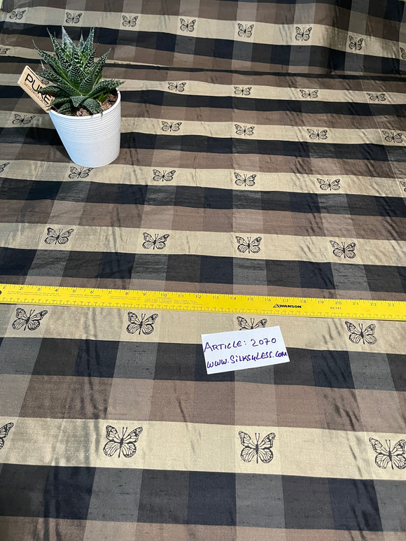 Fabulous Quality Silk Shantung Buffalo Plaid/Printed - Black/Olive Gold /Butterfly!!!