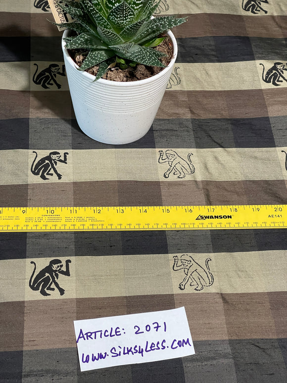 Fabulous Quality Silk Shantung Buffalo Plaid/Printed - Black/Olive Gold /Monkey!!!