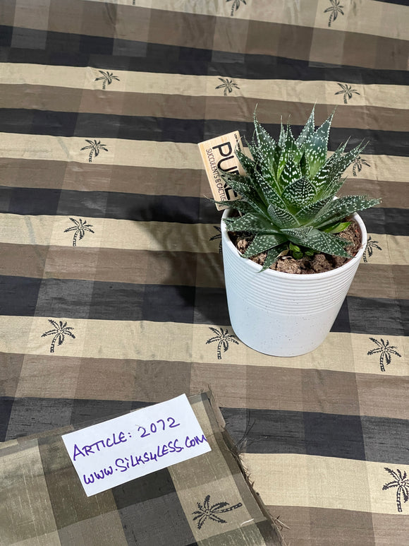 Fabulous Quality Silk Shantung Buffalo Plaid/Printed - Black/Olive Gold /Palm Tree!!!