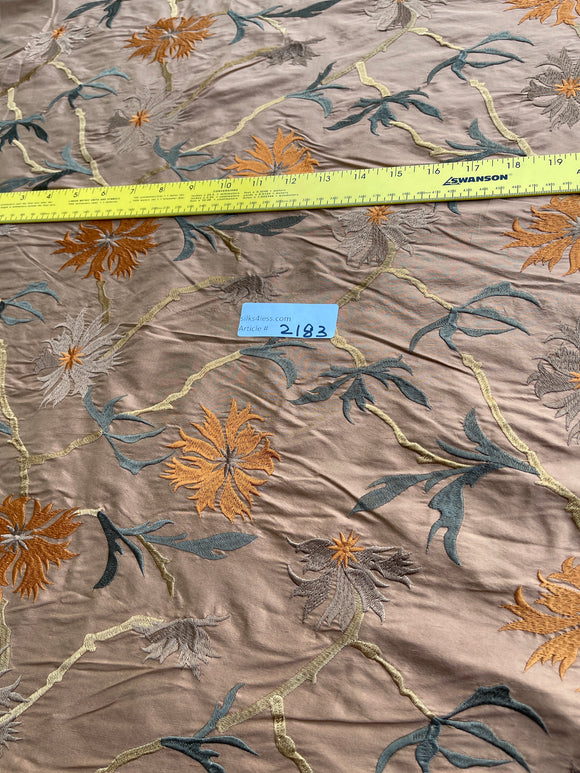 Designer Quality Silk Shantung Embroidery / Sun Flower Silk Collection - DARK TAN!!!