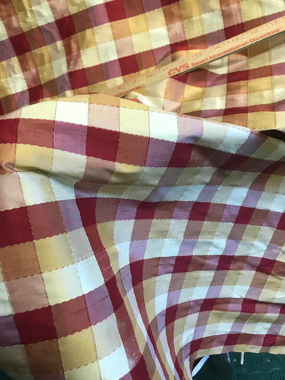 Designer Quality Silk Shantung Plaid - IVORY/ RED/ GOLDS!!!